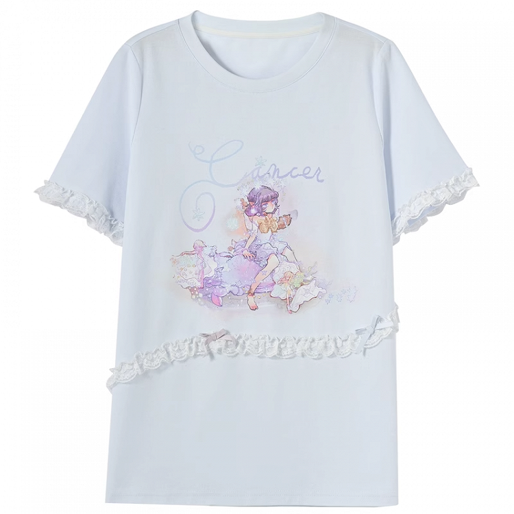 Blue Round Neck Lace Loose T-Shirt Applique Cancer Constellation Print