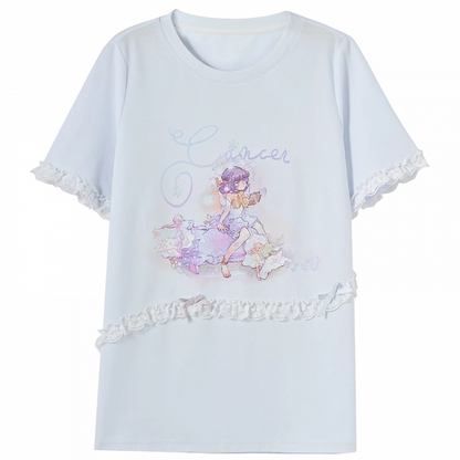 Blue Round Neck Lace Loose T-Shirt Applique Cancer Constellation Print