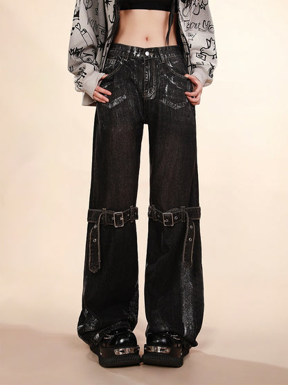 with Adjustable Knee Belt Design Waist Wide-Leg Jeans Black Low