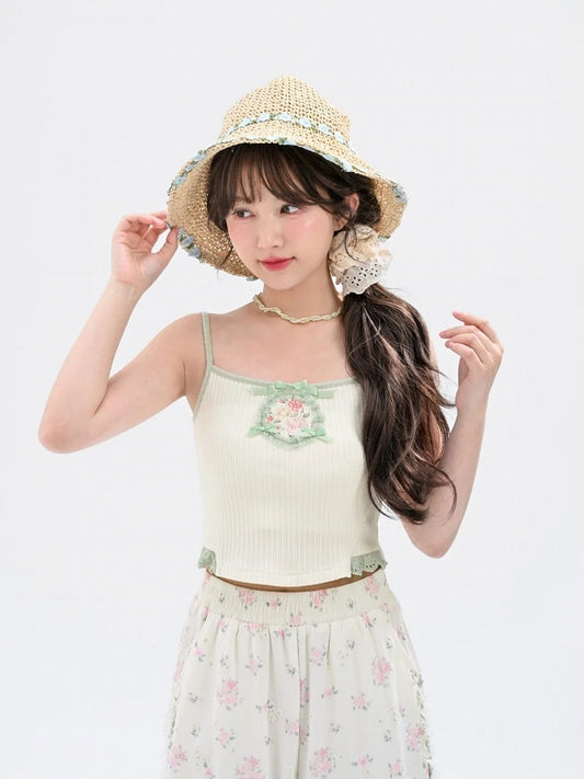 Floral Embellished Cami Top Embroidery Bowknots White Cropped