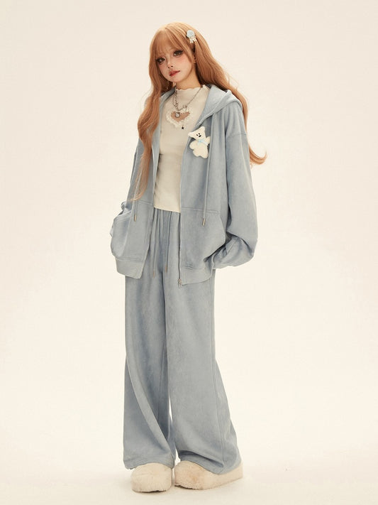 Chest Hooded Jacket Bear White Set Blue Sweatpants Details with Toy Drawstring