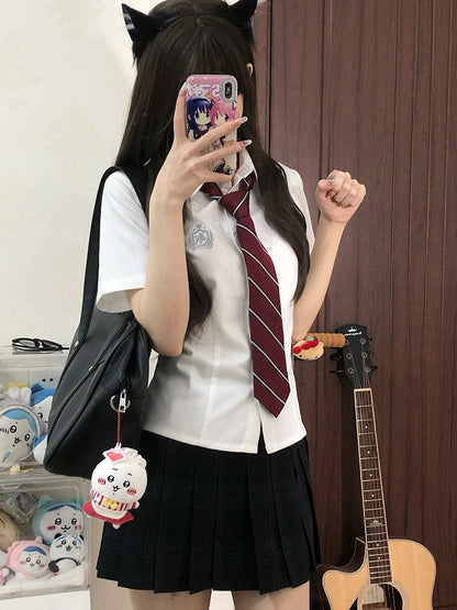 Badge Embroidered Preppy Uniform Sleeves Style JK White Short Shirt