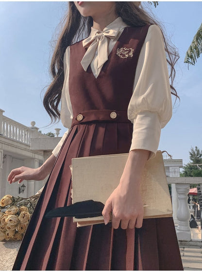 with 70cm Brown / Embroidery High Waist Box Pleat Overall Dress 65 Dove