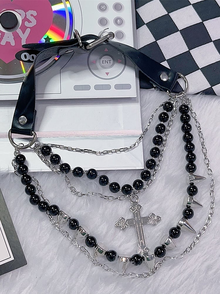 Studs Black Beaded Necklace Silver Pendant Decorated And Cross