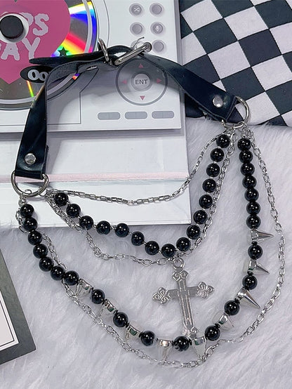 Studs Black Beaded Necklace Silver Pendant Decorated And Cross