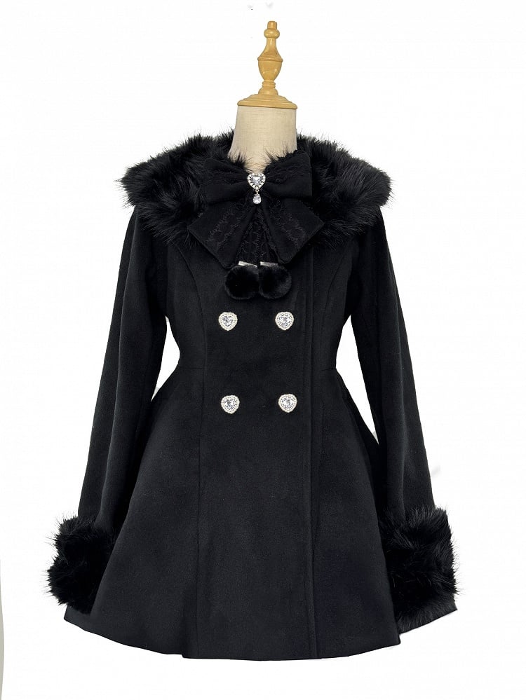 Jirai Kei Black Detachable Plush Collar and Cuffs Landmine Style Woolen Coat with Bow