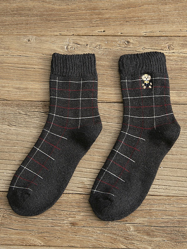 White/Black/Dark Grey Cute Bear Embroidered Striped Calf Socks