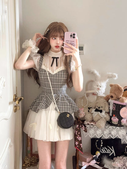 Kleid Muster Plaid Schwarz Faux Weiß Zwei-Stück Mit