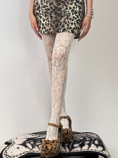 White/Black Pattern Tights Floral Hollow-out Design