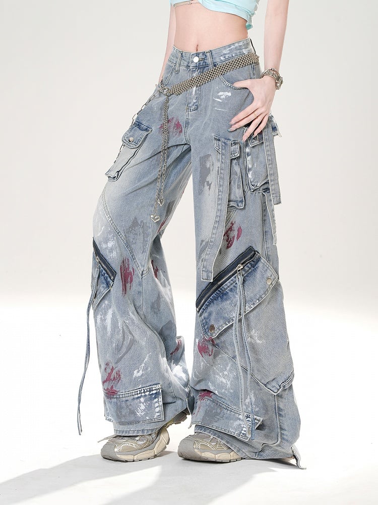 Low Details Distressed Spray Paint Print Blue Wide-leg Jeans Rise Zipper