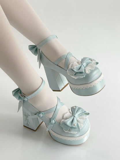 Blue Lolita Lace Bowknot Buckle Straps Fork Platform Block High Heels