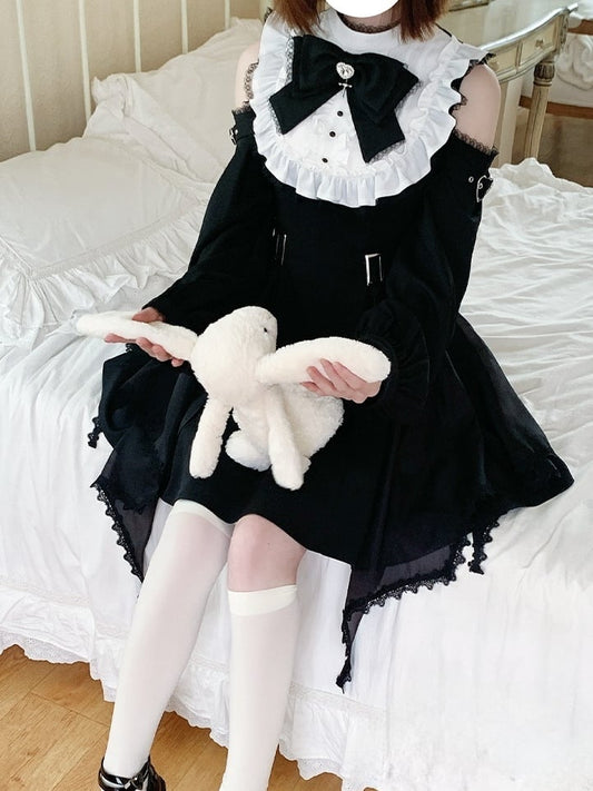Dress Open Shoulder with Adjustable Heart Buckles and Handkerchief Hem and Jirai Kei Black White