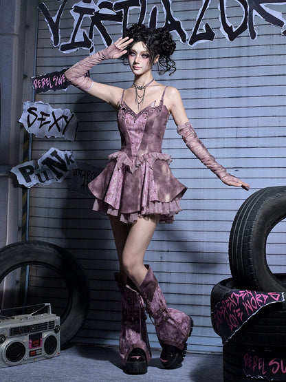 Slip Denim Y2K Totem Embroidery with Punk Ruffles Dress Dusty Pink Studded Tiered Tulle Rhinestoned