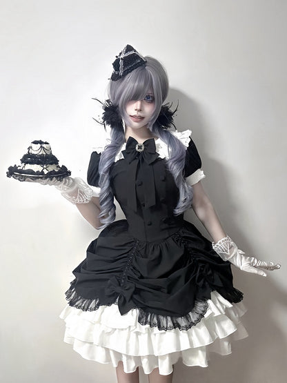 und asymmetrisches Kleid Schwarz Lolita Peter Pan Weißer Rock Stufen Gothic Ärmel Kragen Kurz