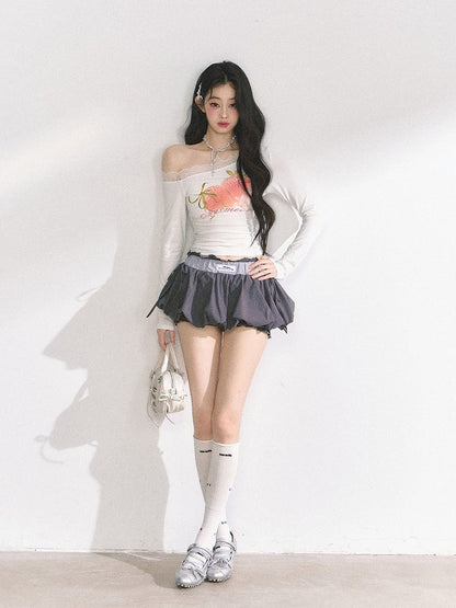 White Asymmetrical Neckline Strawberry Print Top