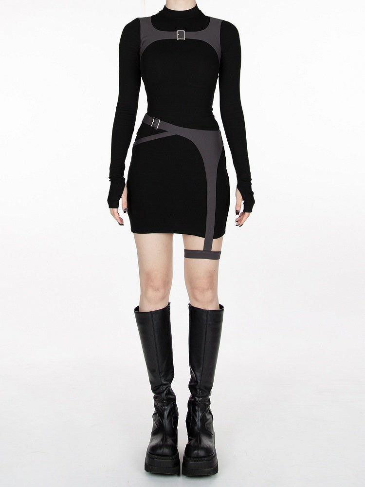 Cyberpunk Futuristic Black & Gray Buckle Strap Dress Waist Belt and Harness All-in-one with Garter