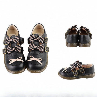 Bear Black Flats Bowknot Design Lolita Pattern Details Striped