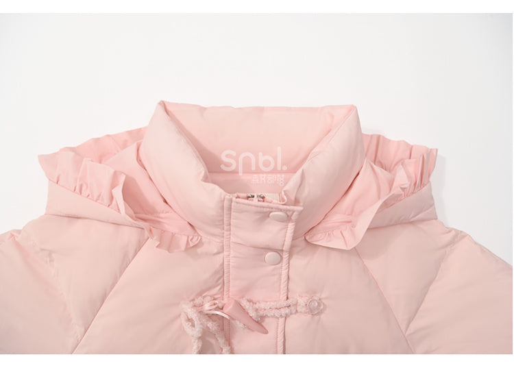 Pink Hooded Down Bowknot Horn Shaped Button Coat