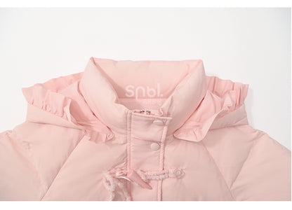 Pink Hooded Down Bowknot Horn Shaped Button Coat