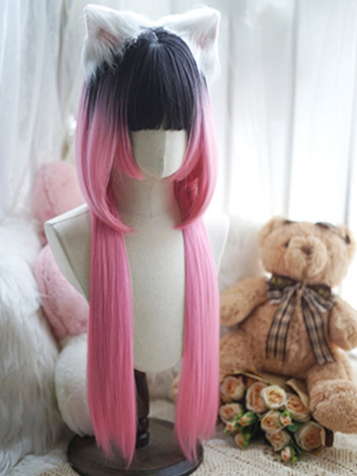 Milk White/Caramel/Orange/Pink&Black Waist Length Straight Wig With Full Bangs