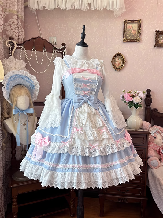 Lace Tiered Trim Sweet Lolita Dress Pink Bowknots Blue JSK