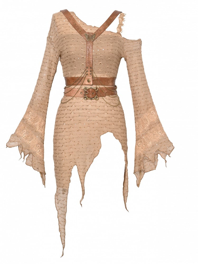Wasteland Decorated Harness With Neckline And Punk Asymmetrical Brown Knitted Sweater  Butterfly Light Chain