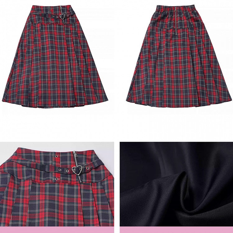 Red Heart Buckle Plaid Pleated Skirt