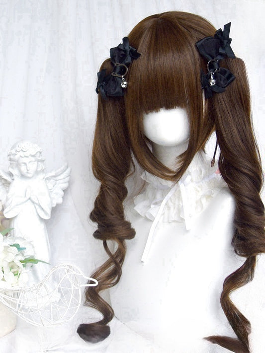 Dark Brown Short Bob Cut Wig With Full Bangs＋Double Ponytail Claw Clips