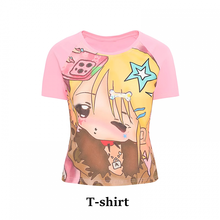 Pink Y2K Cartoon Girl Print T-Shirt/Cami Top