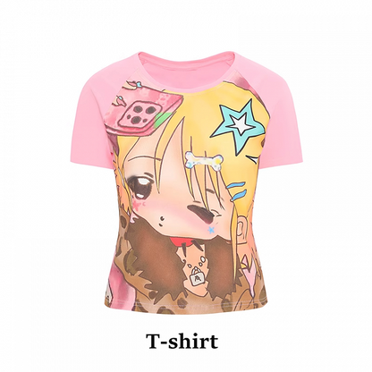 Pink Y2K Cartoon Girl Print T-Shirt/Cami Top