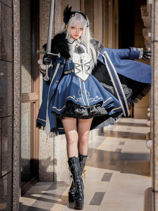 XXL Gold Coat Blue Skirt + Set Cape Shirt Jabot Trimming Clearance-Size Full Lolita Military and