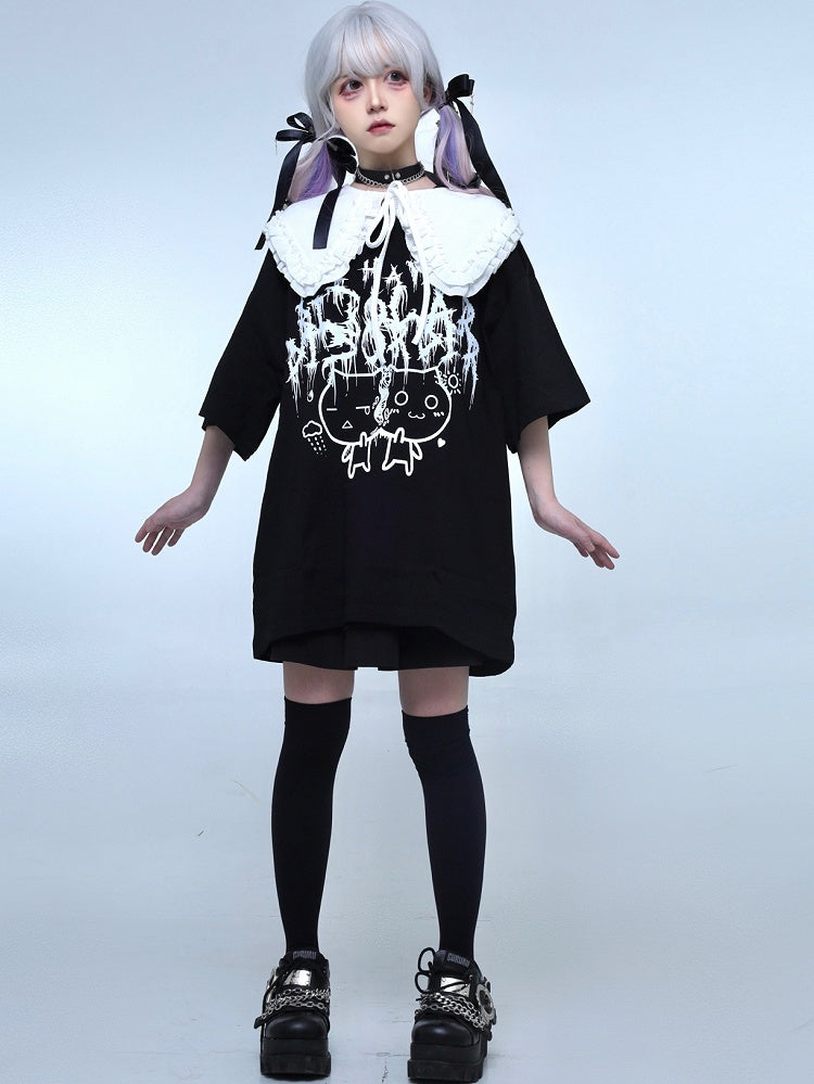 Jirai T-shirt Brief Katze Druck Schwarz Kei Und