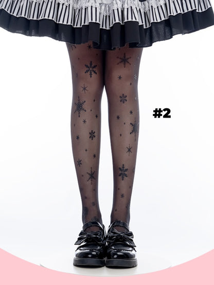 White/Black Snowflake Print Lolita Tights
