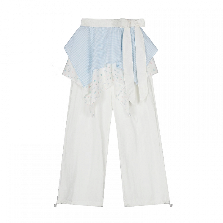 Two-pieces Waist Handkerchief Hem Wide-leg Pants White Low Faux
