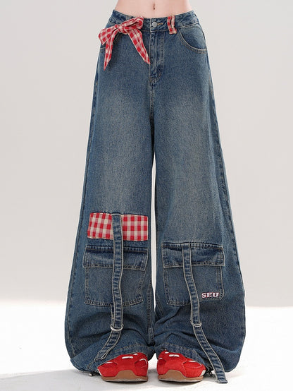 Blue Detachable Plaid Bow Cargo Pockets Wide-leg Cut Jeans