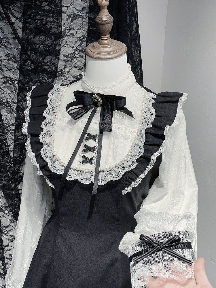 Sleeves Jirai Kei Black Illusion Neckline Flutter Plaid Set Lace Trim Mini Dress+Shorts White/Gray