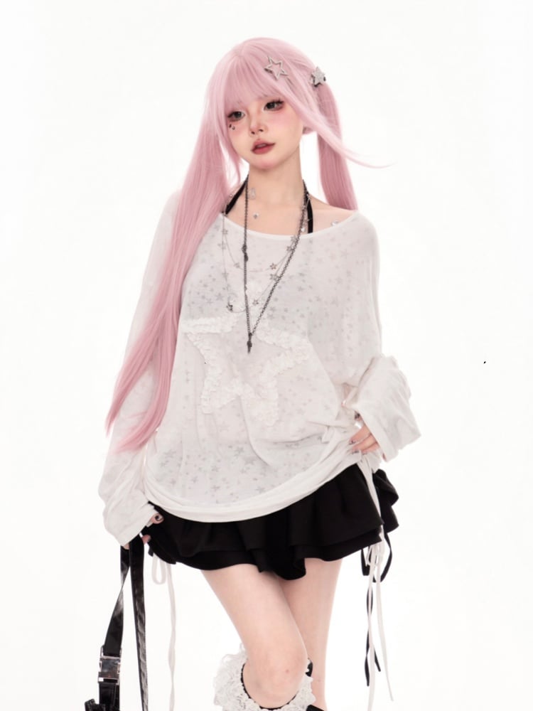 White Asymmetrical Neckline Ruffled Star Drawstring Side Coverup