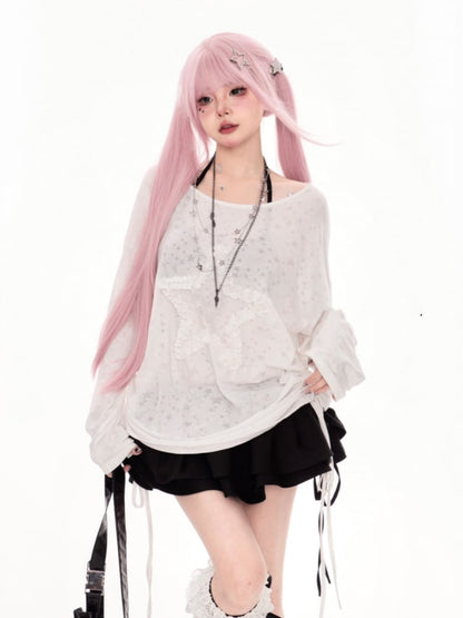 White Asymmetrical Neckline Ruffled Star Drawstring Side Coverup