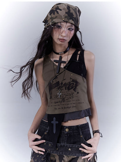 Grünes, geschnürtes Schulter- und asymmetrisches Saum-Tanktop Wasteland Punk Army