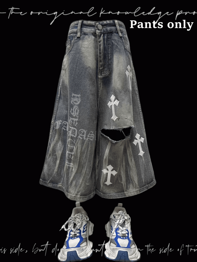 Y2K Blue Cross Appliques Distressed Holes Wide-Leg Jeans