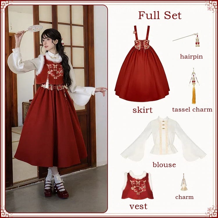 Red New Year Long Version Butterfly and Floral Lolita Skirt Full Set