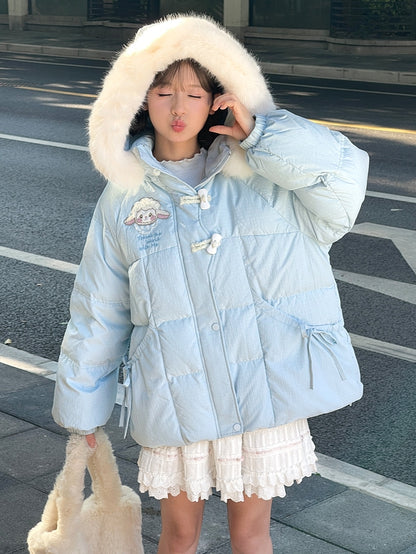 Blue Cute Lamb Applique Bowknot Details Hooded Down Coat Short Version