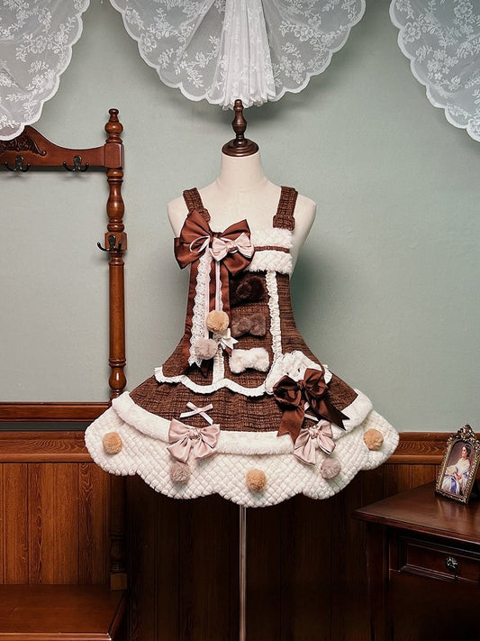 Dress and with Scalloped Brown White Sweet Trim Lolita Overalls Pom-poms Bowknots Edge