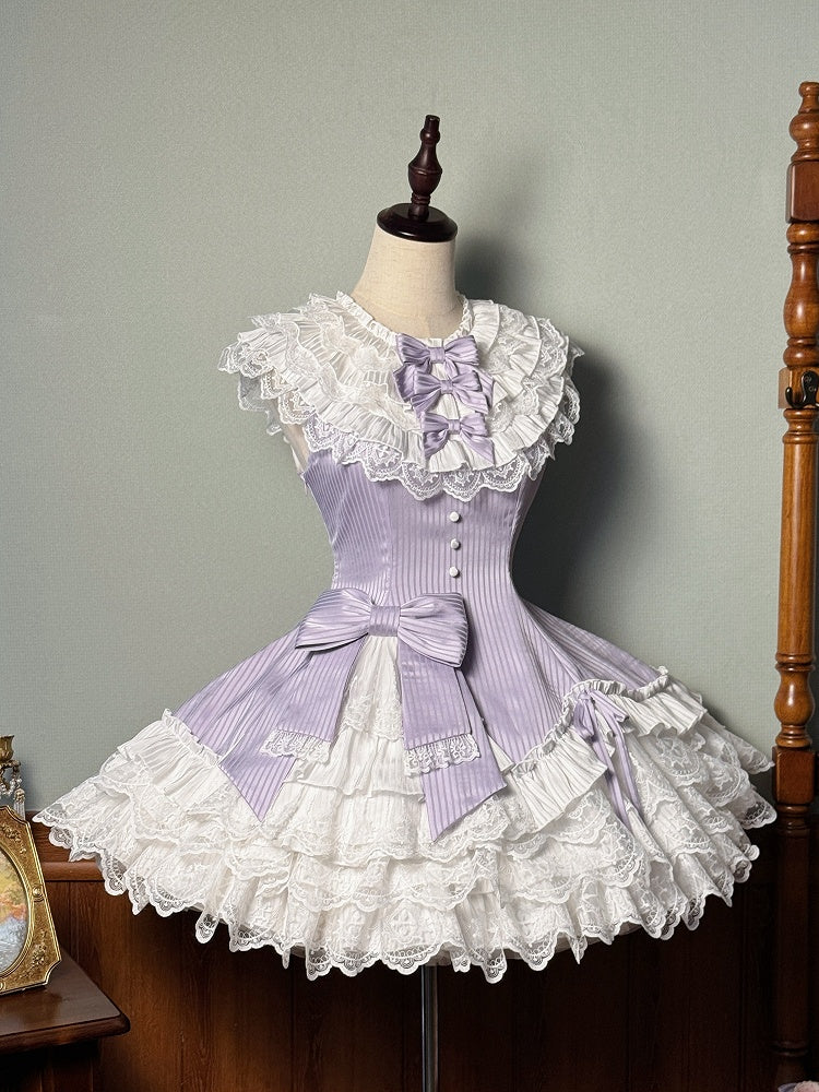 Dress Slim Sleeveless Striped Waist Purple Lolita Fabric Sweet Ruffle White Layered Neck Fit