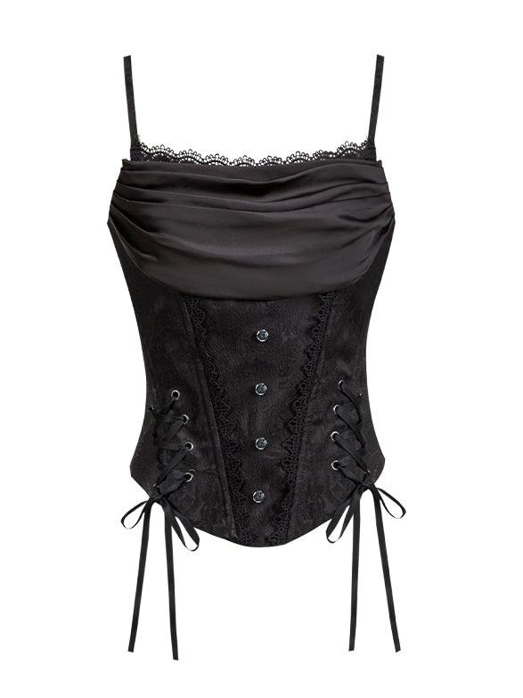 Schwarzes Gothic Lolita Korsett-Oberteil mit Wasserfallausschnitt und Stäbchen
