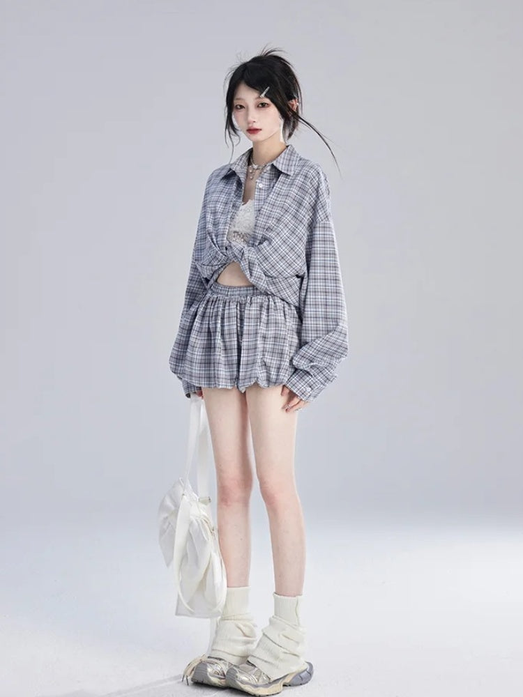 Loose Blue  White Plaid Vintage Shirt/Bubble Skirt
