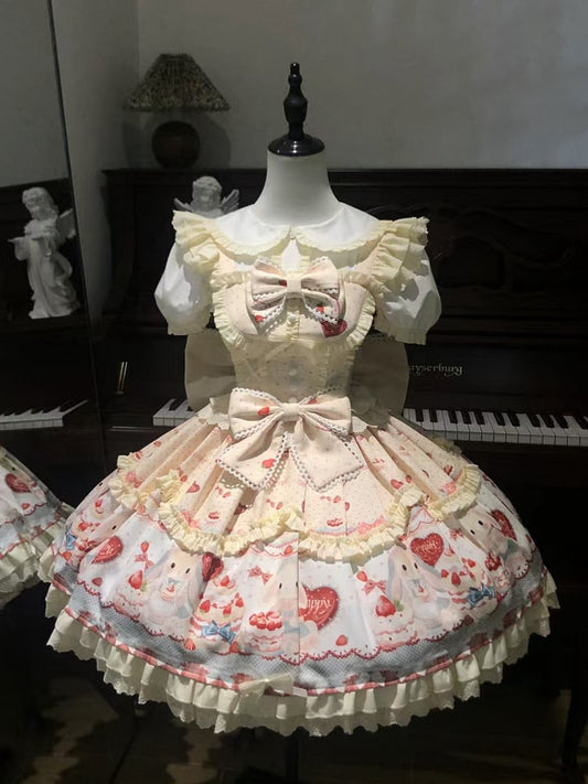 / Dress Cake Set Sweet Bunny JSK Strawberry and Cute Full Lolita Yellow Print