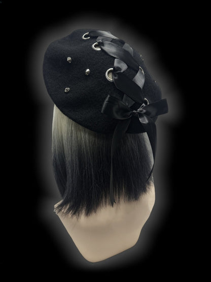 Y2K Black Lace-up Detail Studs Wool Beret