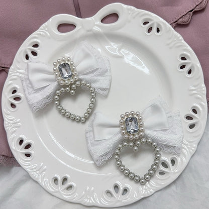 Jirai Kei Rhinestone and Beaded Heart Accents Bowknot Hairclips