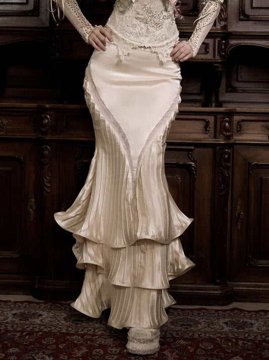 Design Pleated Hem Mermaid Flowing Flounce Skirt Layered Beige Light